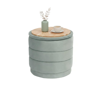 15.4" Round Velvet Storage Ottoman with Tray, Sage