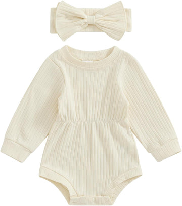 Newborn Baby Girl Fall Outfits Long Sleeve Ribbed Knit Jumpsuit Romper with Headband Infant Clothes Sets