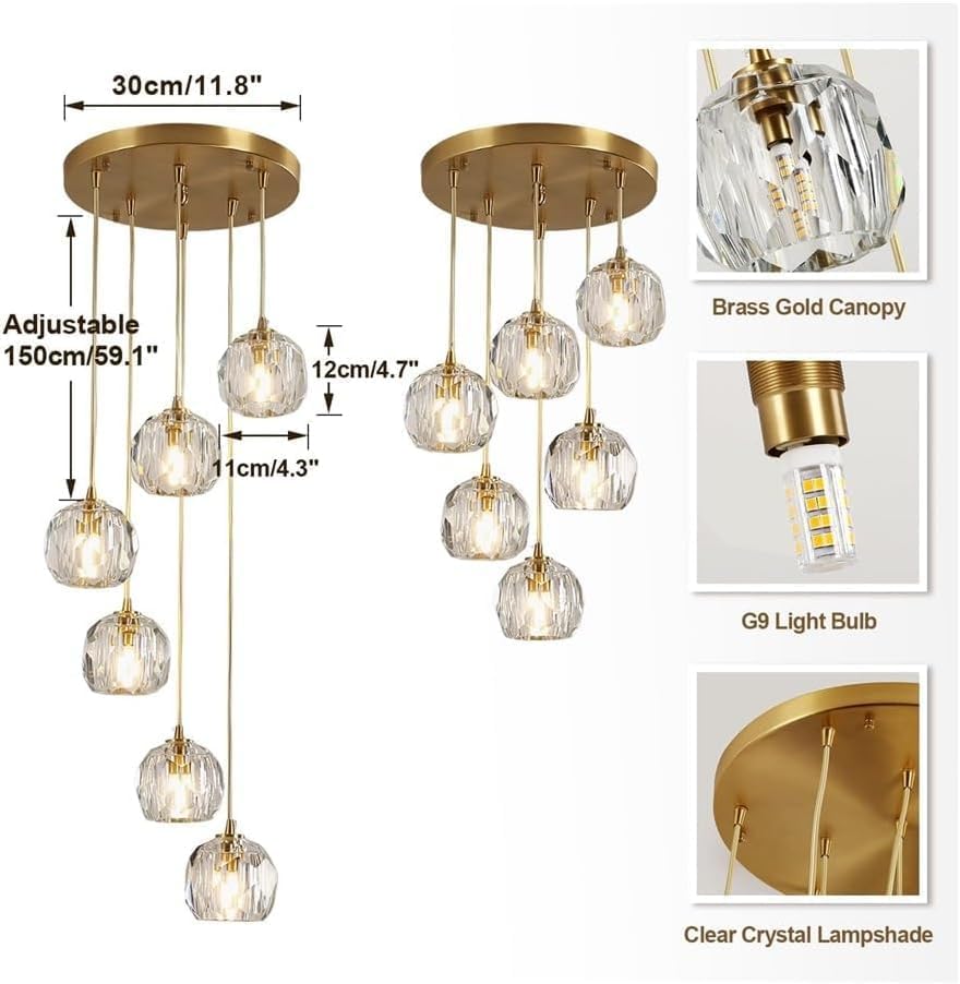 Chandelier Light Modern Chandelier Copper Crystal Pendant Light 47" Long Adjustable Ceiling Light for Living Room Staircase Hotel Ceiling Lighting Fixture(6 Head)