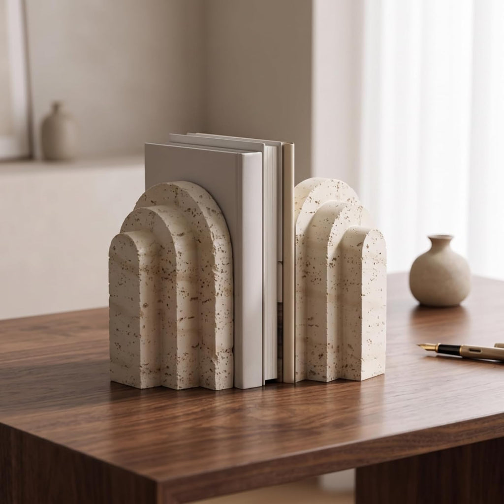 Resin Bookend Decorative Arch Bookend Sculptural Imitation Travertine Book Stopper for Readers, Bookshelf, Desk