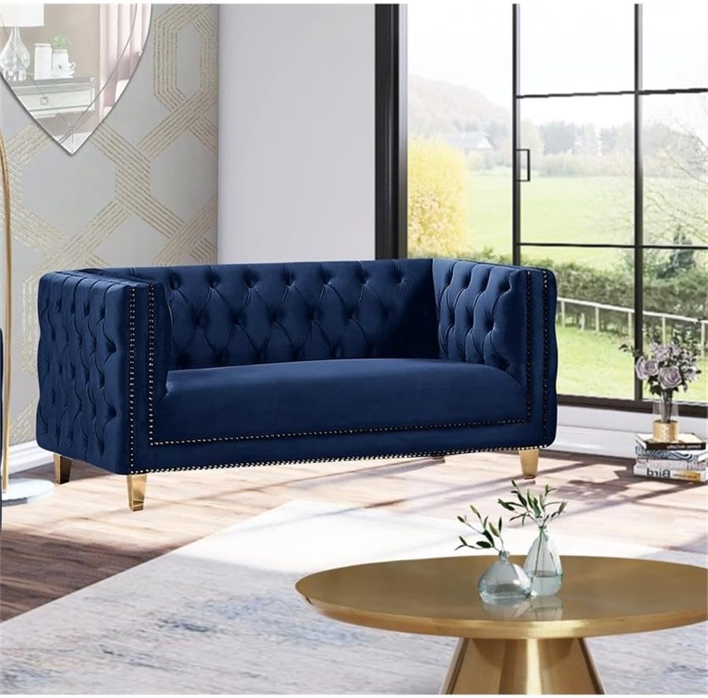 652Navy-L Michelle Collection Modern | Contemporary Loveseat with Deep Button Tufting, Gold Nailhead Trim and Sturdy