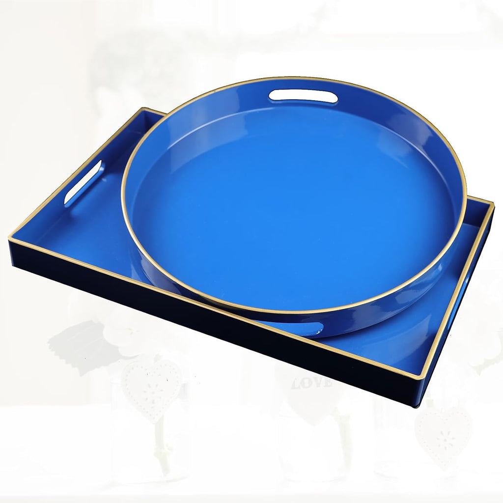Blue Decorative Coffee Table Tray, Rectangular Plastic Serving Tray with Handles , Ottoman, Bathroom, 15.7"*10.2"