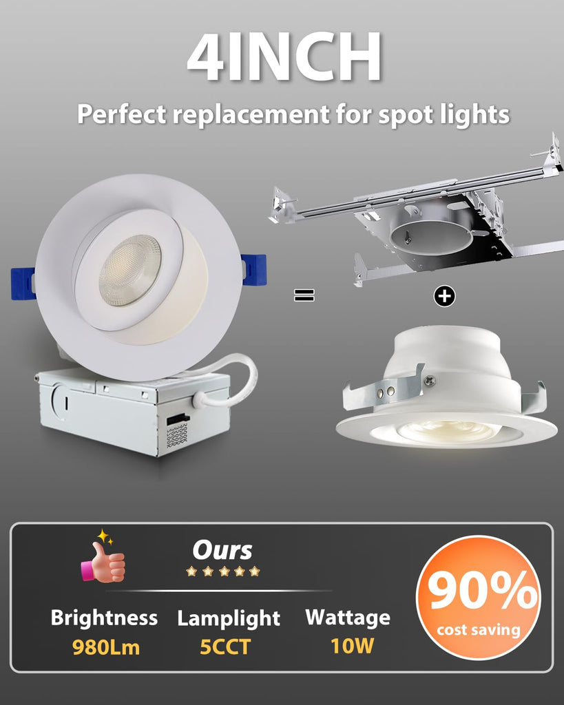 4 inch Gimbal LED Recessed Light, 5CCT, 10W=95W, 982LM, 24 Pack