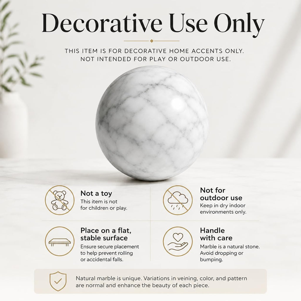 White Marble Decorative Sphere, 6cm Natural Stone Orb | 2.36 in Small Stone Bowl Filler Balls for Tray Styling, Shelf