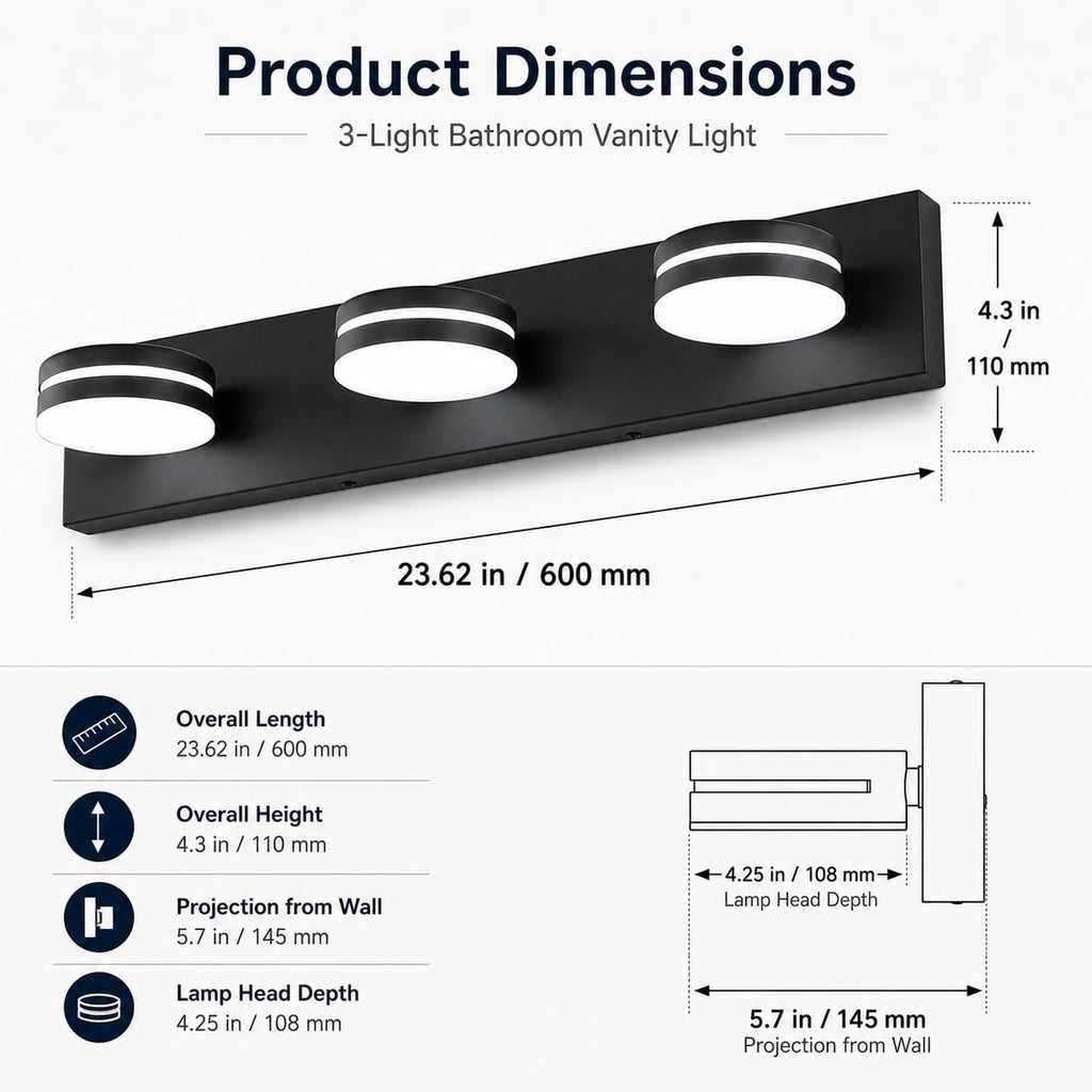 3-Light Bathroom Vanity Light Over Mirror, (24inch Dimmable) Matte Black LED Vanity Lighting Fixtures, Modern