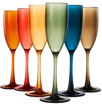 European Style Plastic Acrylic, Champagne Flutes Glasses | Set of 6 | Colored Reusable Toasting Cups 100% Tritan