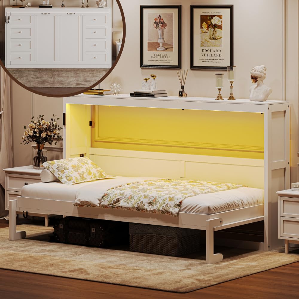 Twin Horizontal Murphy Bed Cabinet with LED, White