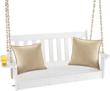 2 Person Hanging Porch Swing, Outdoor Bench Swing with Adjustable Chains, Hidden Cup Holder, HDPE Tree Swing Chair