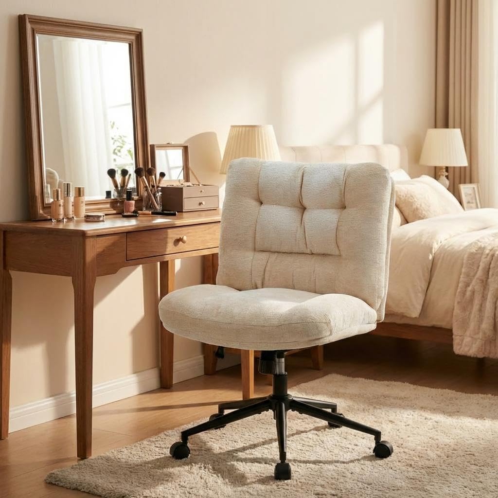 Home with Wheels, Armless Vanity Desk Chair in Soft Chenille Fabric, Double Cushion Wide Seat, Swivel Height