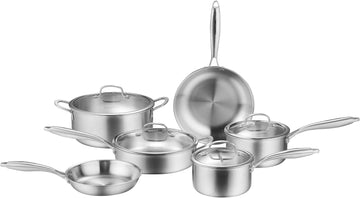 10-Piece Tri-Ply Stainless Steel Cookware Set | Induction-Ready, Glass Lids, Pots and Pans Kitchen Set, Riveted