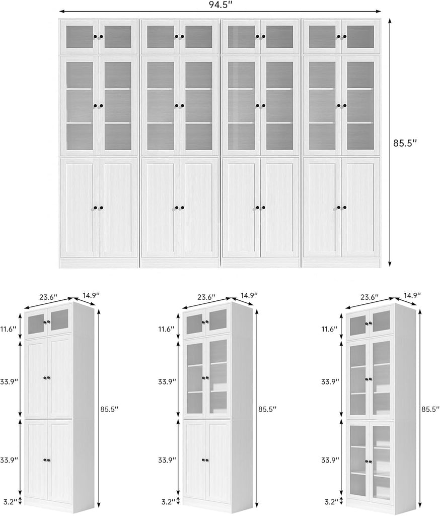 85.5" Tall Bookshelf Single Pack - Half Glass Door Design, White 7 Tier Book Shelf, Curio Cabinets with Storage