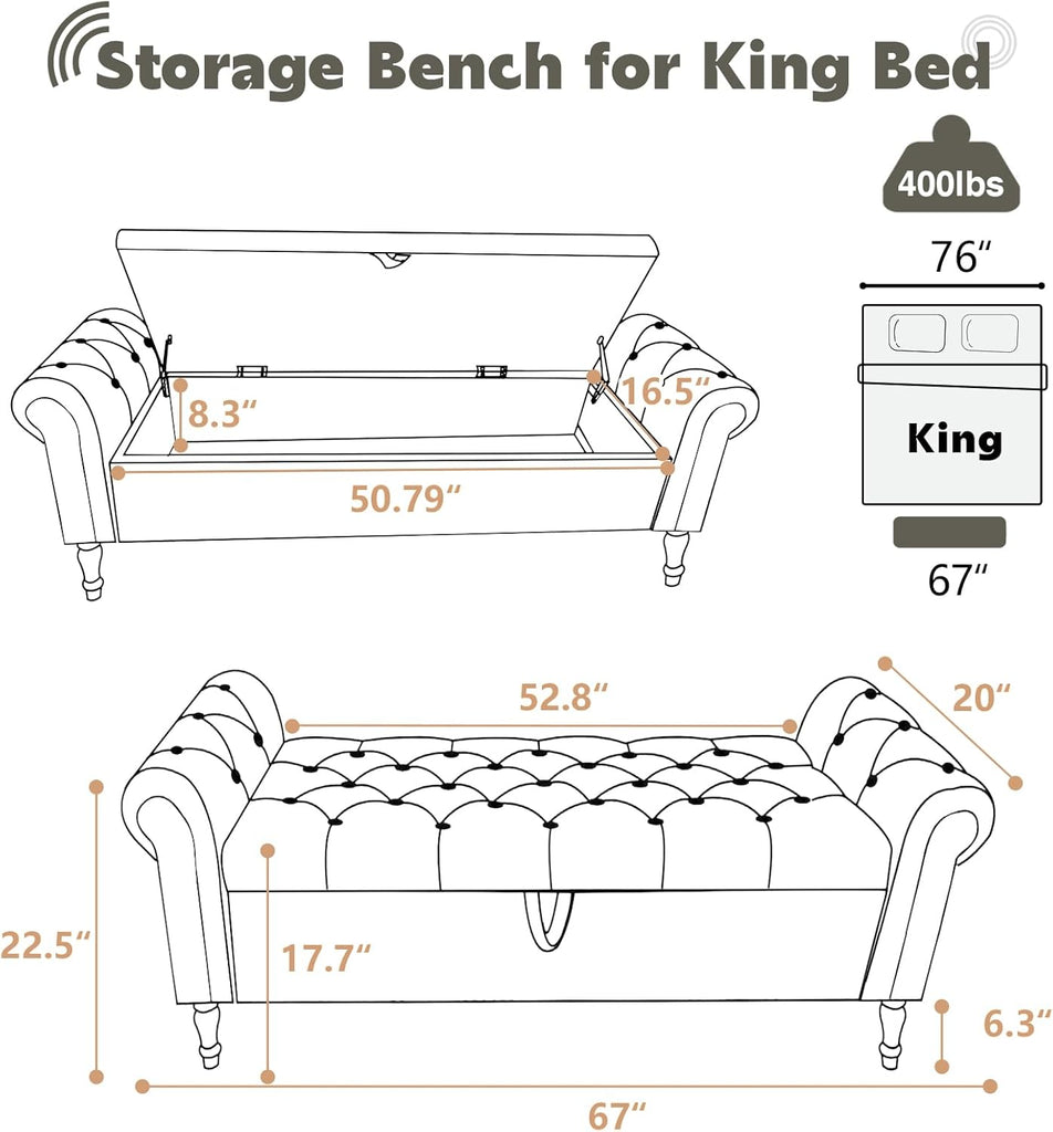 67'' End of Bed Storage Bench King Size, Storage Bench End of Bed, Upholstered Velvet Tufted Storage Ottoman Benches