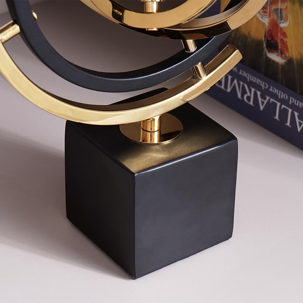 Modern Abstract Art Decoration Metal Globe Ornament Sculpture Decor with Rectangle Stand Black & Gold