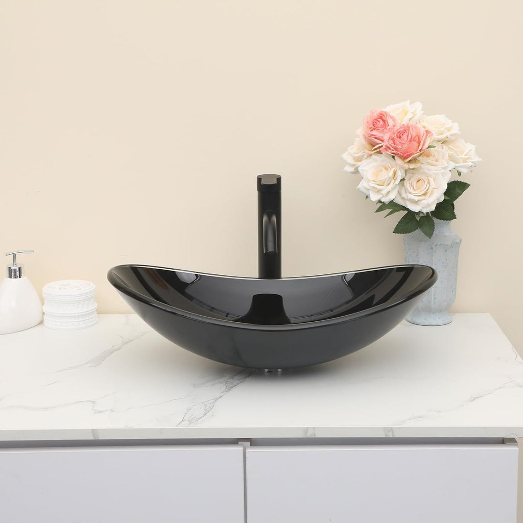Kichae Oval Glass Vessel Sink - 21" x 14" Black Tempered Glass Bathroom Vessel Sink for Bathroom Vanity Above Counter