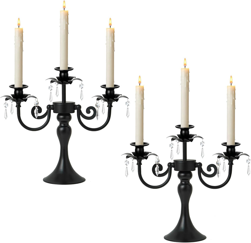 Metal 3 Arm Candelabra with Crystal Pendants - 11.8 Inch Tall Candle Holders, Set of 2 - Elegant Taper Candlestick