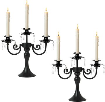 Metal 3 Arm Candelabra with Crystal Pendants - 11.8 Inch Tall Candle Holders, Set of 2 - Elegant Taper Candlestick