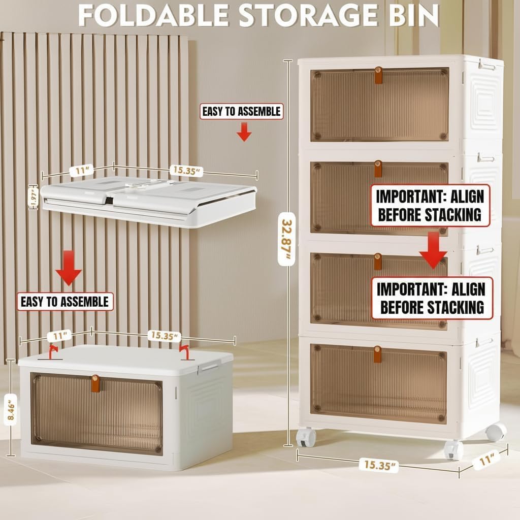 4 Tier Plastic Storage Bins with Lid 23QT, Stackable Storage Bins | Plastic Storage Bins with Wheels, Folding Storage