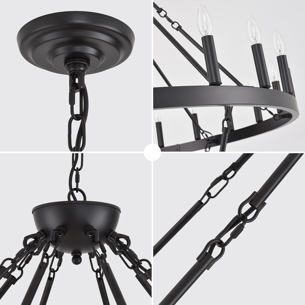 70 Inch Wagon Wheel Chandelier - 4-Tier 84-Light Black Farmhouse, Adjustable 100-160 Inch Height for High Ceilings