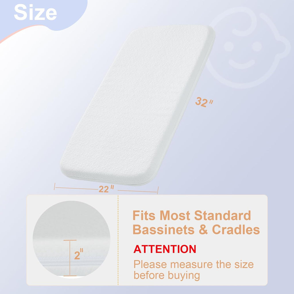 Baby Bassinet Mattress Pad, 32" x 22" Dual Sided Comfort Gel Memory Foam Mattress with Removable Soft Tencel Cover