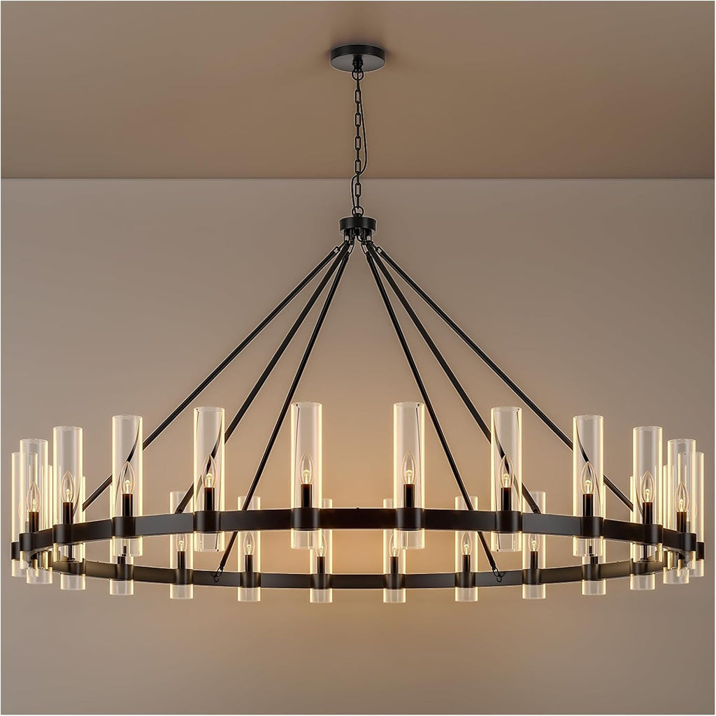 70 Inch Black Wagon Wheel Chandelier with Glass Shade, 24 Lights, Modern Farmhouse Style, Ideal for Dining Room, Kitchen, Entryways A115-B0CHF7PP6Z