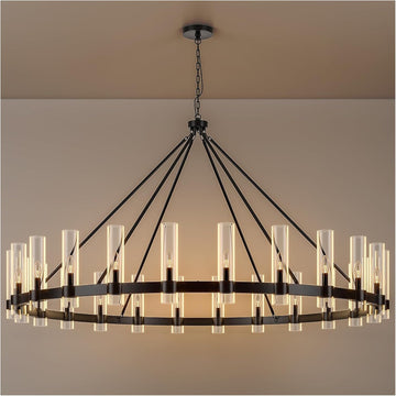 Inspired Ravelle Style 70 Inch Black Wagon Wheel Chandelier with Glass Shade, 24 Lights, Modern Farmhouse Style, Ideal for Dining Room, Kitchen, Entryways