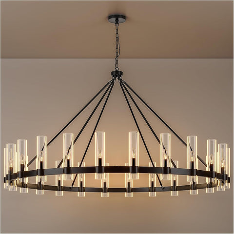 70 Inch Black Wagon Wheel Chandelier with Glass Shade, 24 Lights, Modern Farmhouse Style, Ideal for Dining Room, Kitchen, Entryways A115-B0CHF7PP6Z