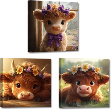 Highland Cow Wall Art Cute Animal Canvas Print 3 Pieces Baby Highland Cow Picture Farm Animal Prints Farmhouse Kids - Set of 3
