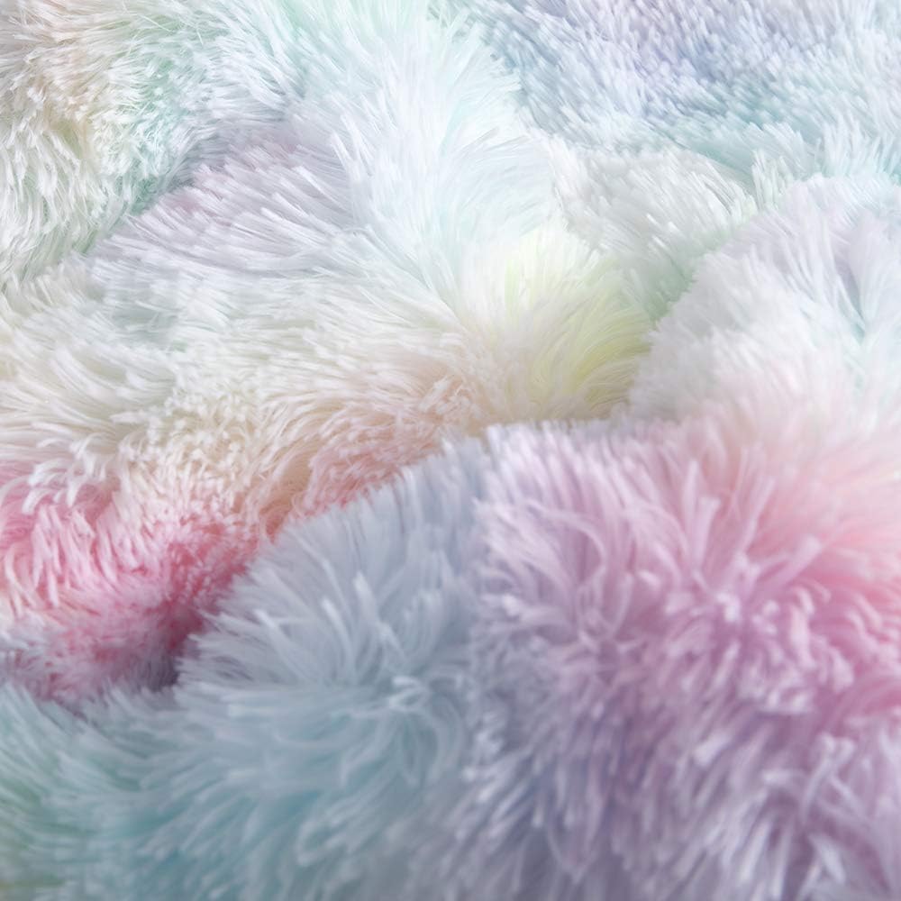 Faux Fur Plush Rainbow Comforter Set Fluffy Fuzzy Shaggy Bedding Set - 3PC Microfiber Soft Warm Quilt Set