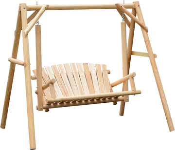 2-Seat Porch Swing w/Stand Wooden Patio Swing Chair Bench Natural | Garden, Poolside, Backyard