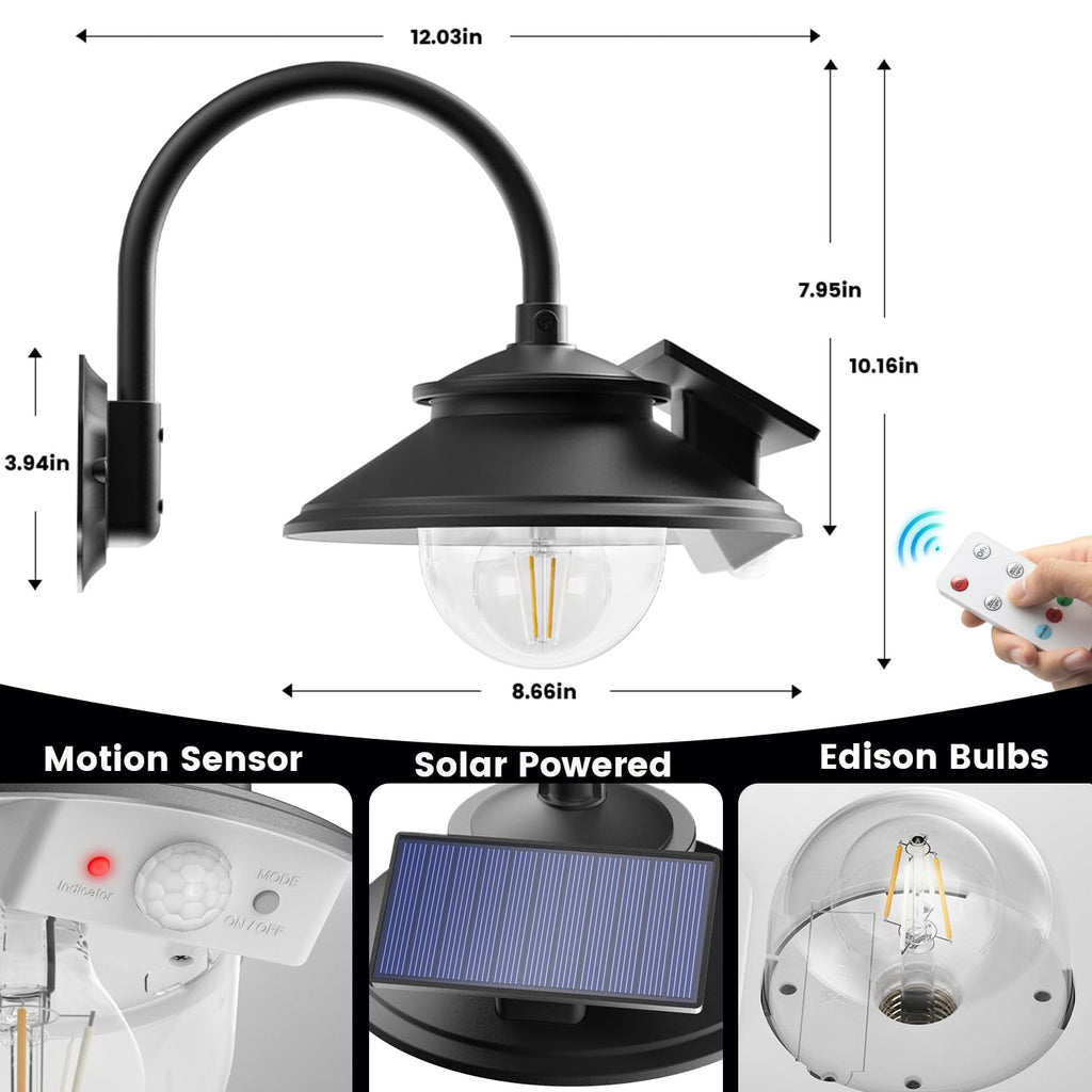 Solar Barn Light Outdoor 3 Modes 2 Lighting Remote 2 Pack Black