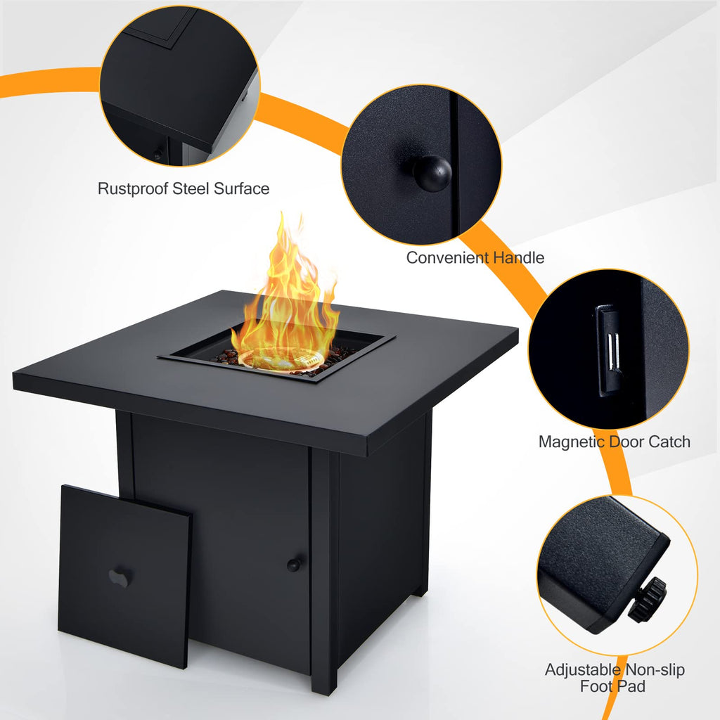 32-Inch Propane Fire Pit Table, 40000 BTU Square Gas Firepit Table with Lid, Fire Glass and Adjustable Flame, CSA