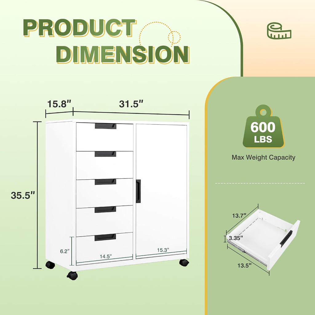 5-Drawer Metal Storage Cabinet with Adjustable Shelves and Wheels, Printer Stand with Storage, Craft Organizers and