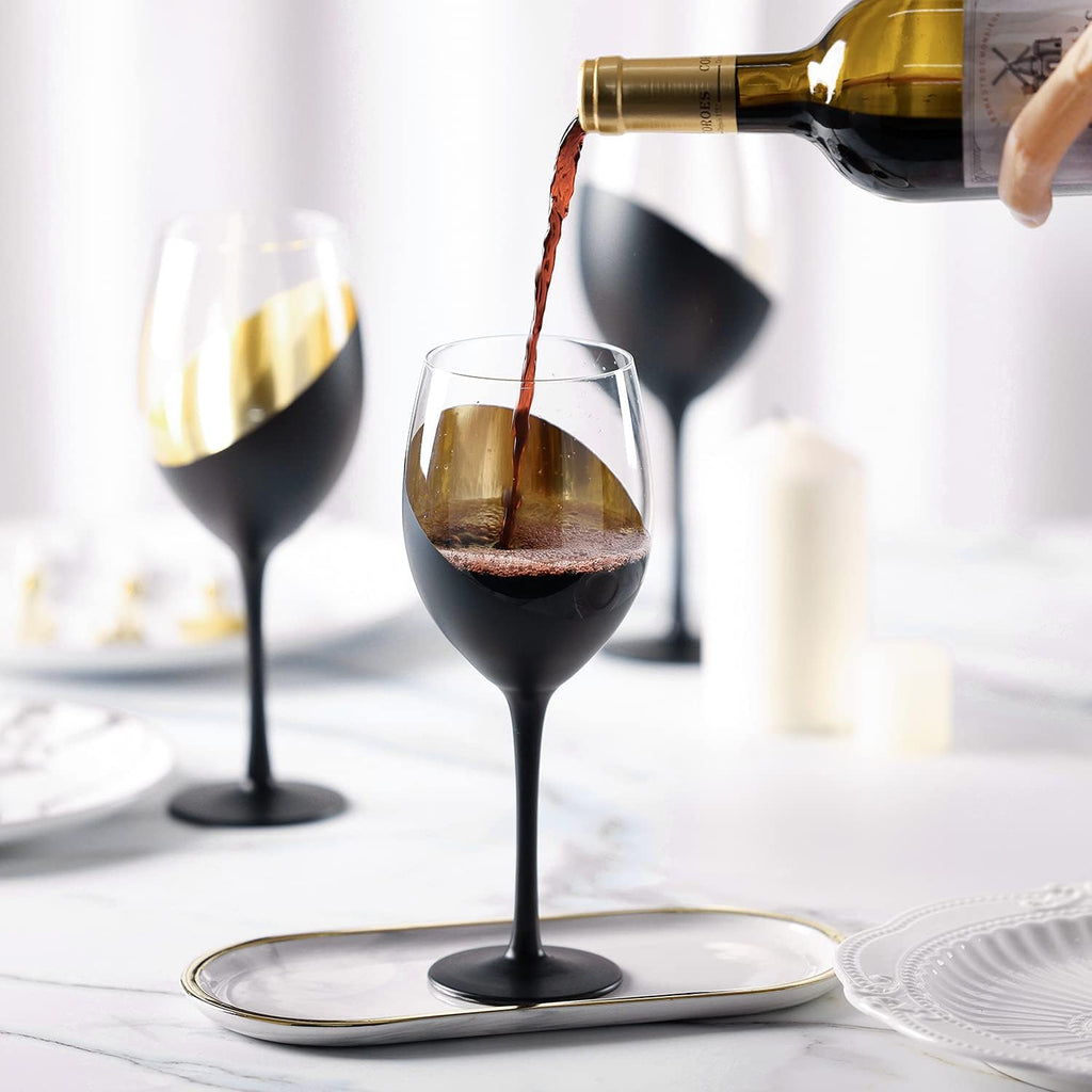 Wine Glasses Set of 4, Red Wine Glasses 14oz, Modern Matte Black & Gold Stemware, Elegant Bar Cups for Weddings