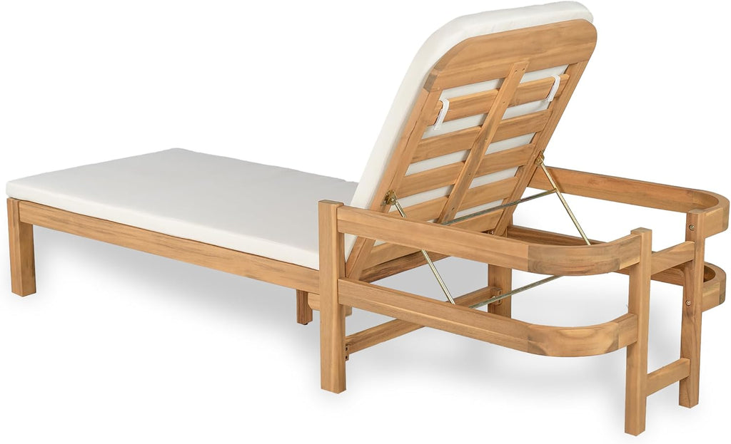 Outdoor Acacia Wood Chaise Lounge with Adjustable Backrest & Water-Resistant Cushion, 4-Position Patio Recliner