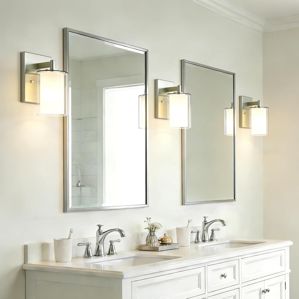 Wall Sconces Set of Two, Modern Brushed Nickel Vanity Wall Lights | Double Clear Glass Shades With E26 Base