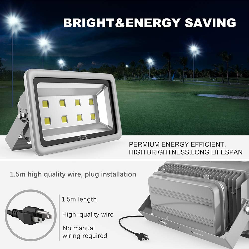 400W LED Flood Light Outdoor,2400W Equivalent 40000LM 6000K Daylight White Super Bright FloodLight with Plug,85-285V