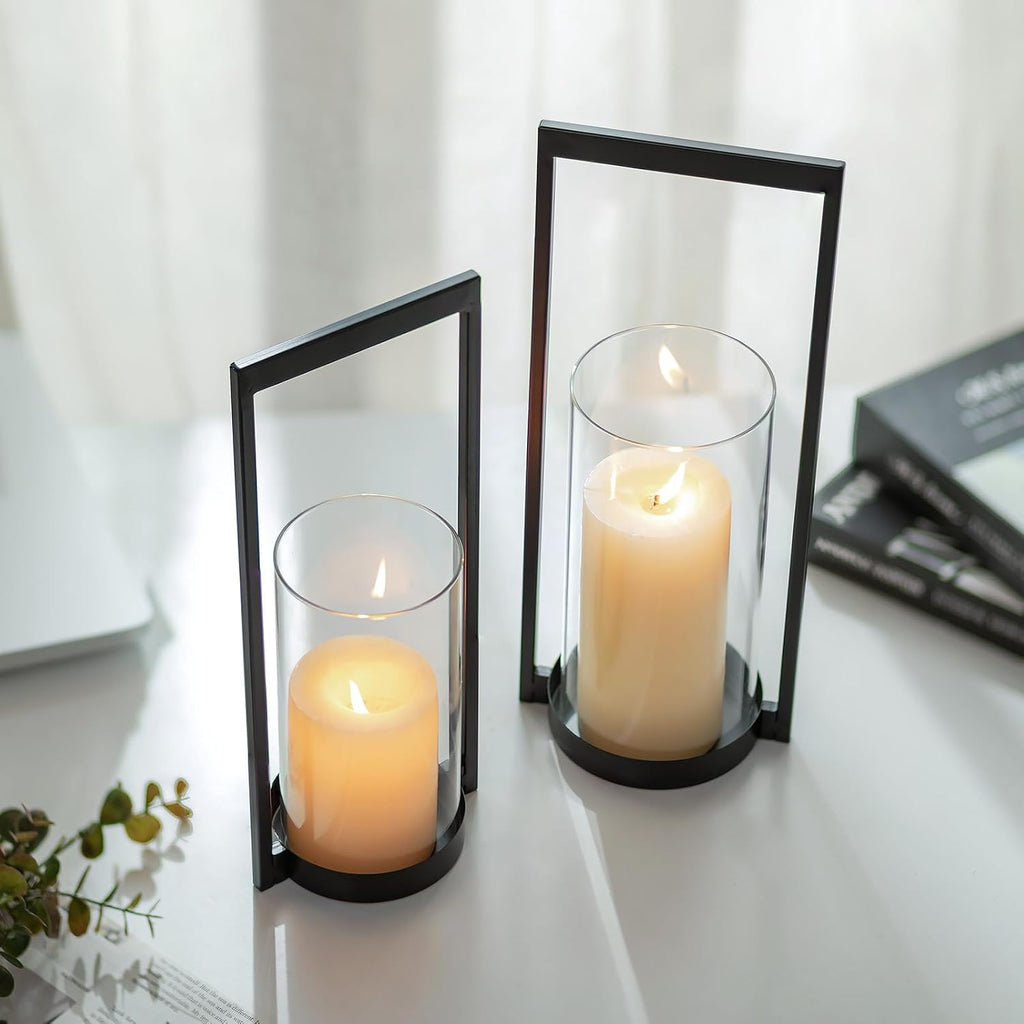 Hurricane Candle Holder for Pillar: Black Modern Candle Holders for Table Centerpiece - Geometric Candle Stand Set of