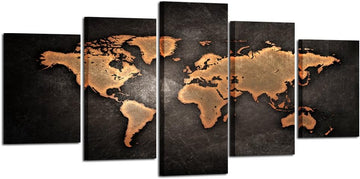 Retro World Map Poster Framed 5 Pcs Giclee Canvas Prints Vintage Abstract World Map Painting Printed on Canvas Ready