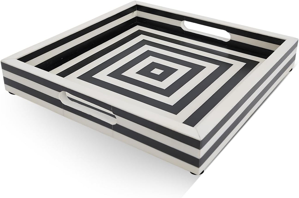 12x12 Decorative Tray for Coffee Table, Centerpiece & Vanity, Black and White Resin Inlay Concentric Pattern Inspired