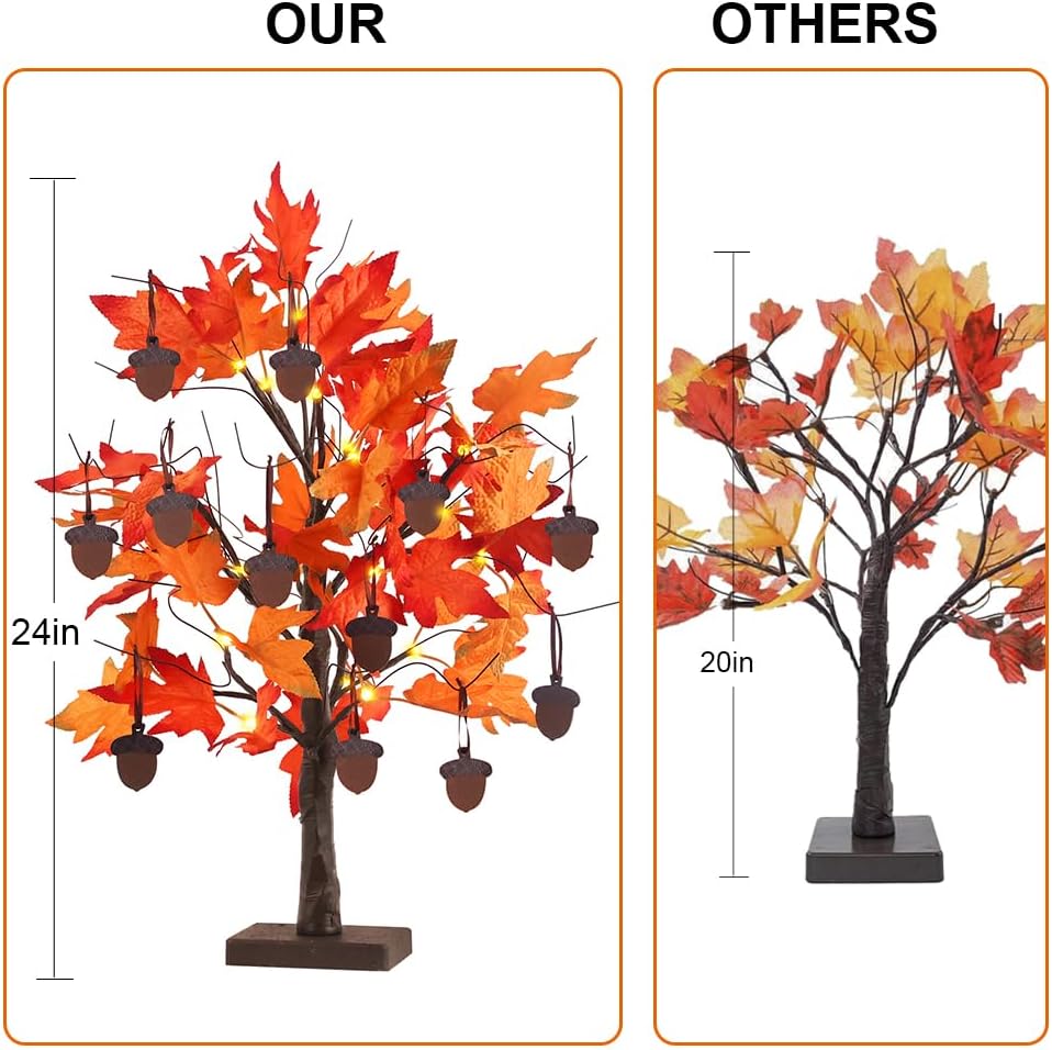 Fall Decorations, Thanksgiving Decorations, 24"/2FT Lighted Fall Maple Leaves Tree with 24 LEDs for Autumn Decor, 12
