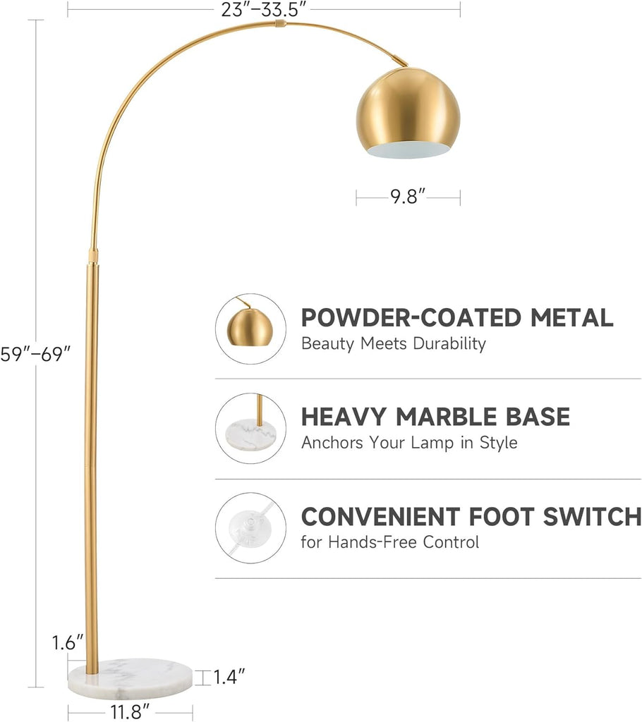 69" Modern Arc Floor Lamp, Gold Standing Light with Adjustable Metal Shade and Marble Base, LED Bulb Included