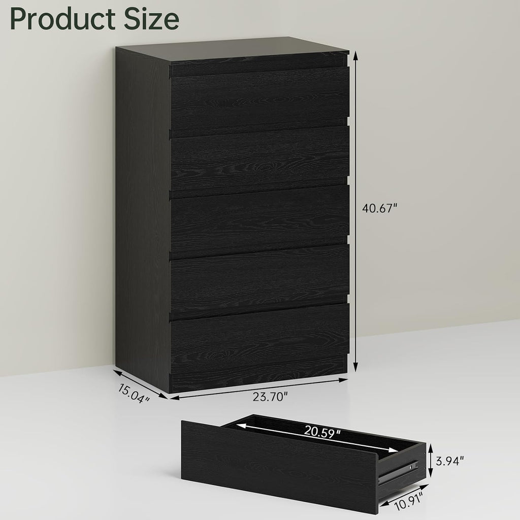 Black Wood Dresser , 5 Drawer for Clothes Storage | Handle-Free, Tall Wooden Chest Drawers , Night Stand