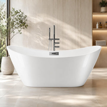 67" Acrylic Freestanding Bathtub, Deep Soaking Tub with Non-Slip Surface, Modern Free Standing Bath Tub, Chrome Drain