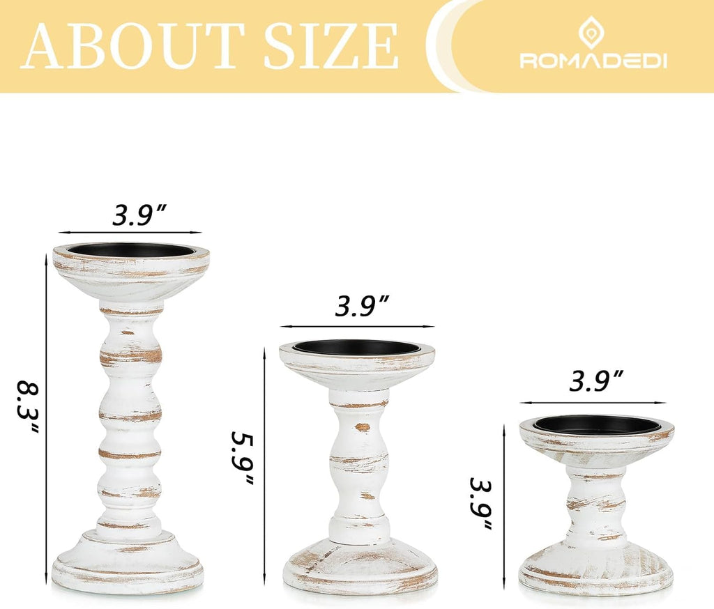 Wood Candle Holders for Pillar Candles - Set of 3 Tall Farmhouse Wooden Candlestick Holder, Rustic Candle Stand for