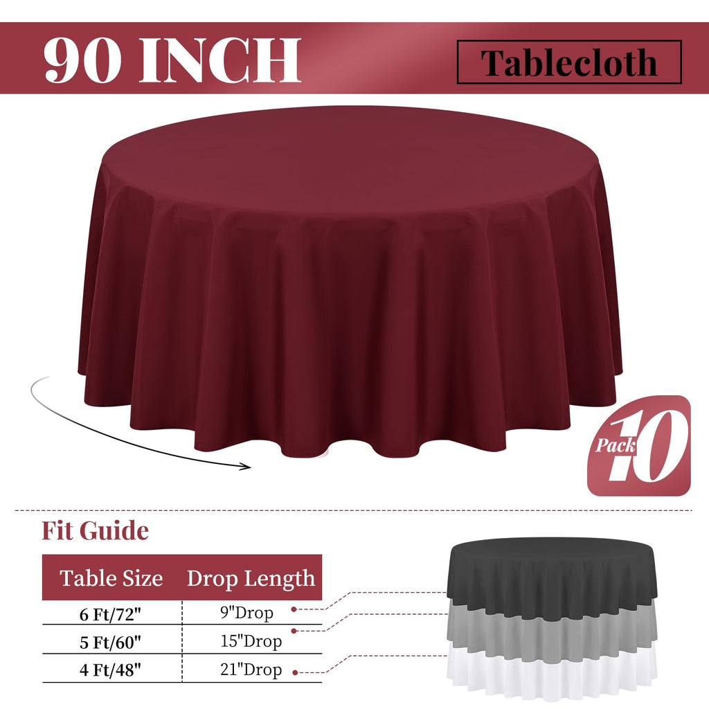 10 Packs Burgundy Round Tablecloth - 90 Inch, Polyester