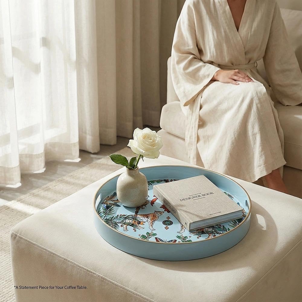 Round Decorative Tray, Marbling Plastic with Handles, Modern Vanity and Serving for Ottoman, Coffee Table, Kitchen