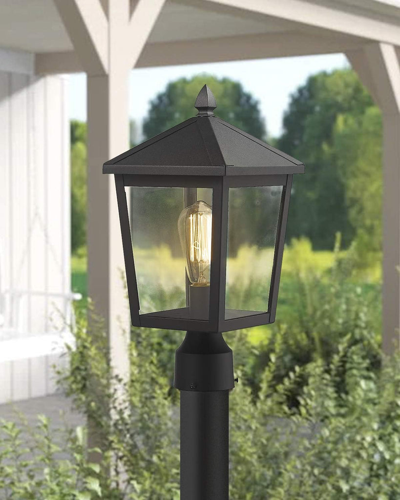 Outdoor Post Light, 16 Inch Exterior Pole Light Pillar Lantern with Clear Glass Shade and Black Finish