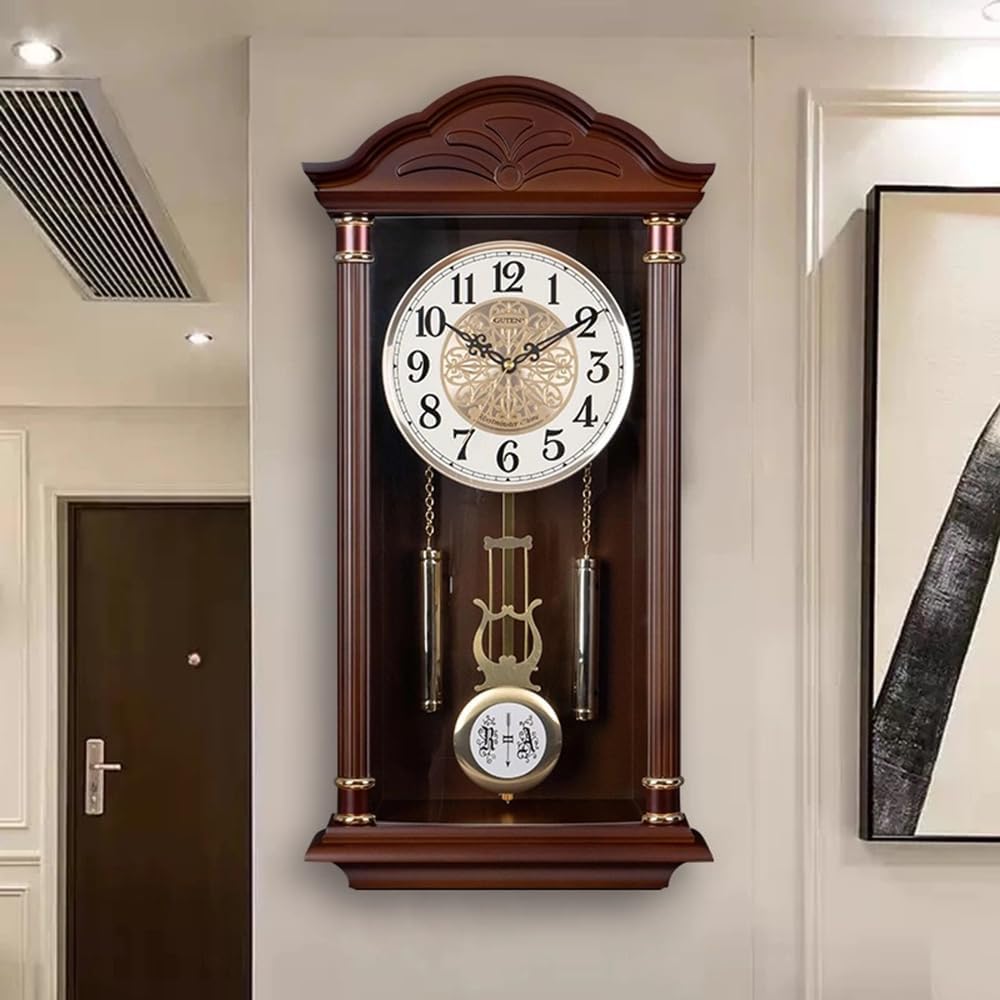 Pendulum Wall Clock Battery Operated - Large Hanging Grandfather Wall Clock with Pendulum - Quiet Pendulum Clock - Chiming Wall Clock...