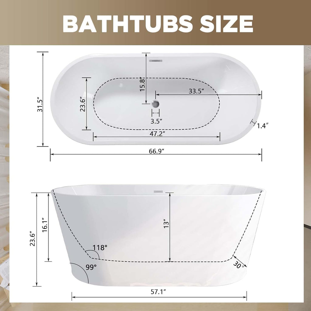 Acrylic Freestanding Soaking Bathtub with Toe-Tap Chrome Drain, Oval Stand Alone Tub, Ergonomic Soaking Tub (67")