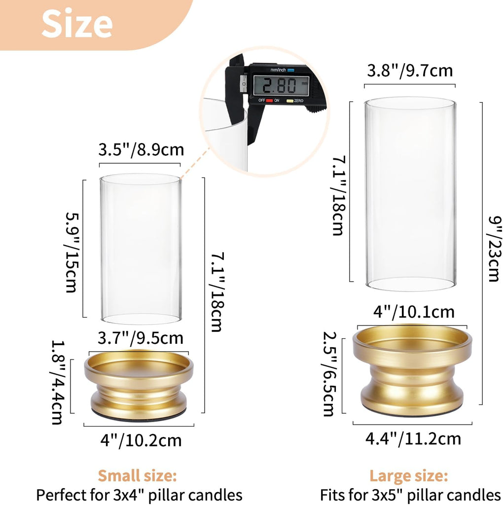 Hurricane Candle Holder Gold: Pillar Candle Holders with Clear Glass Sleeve - Set of 2 Decorative Brass Metal Pillars